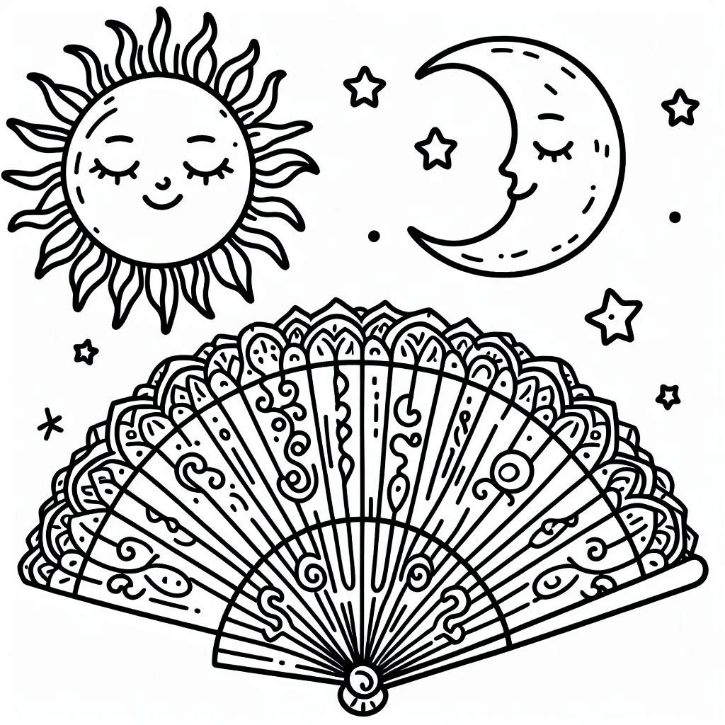 מניפה עם שמש וירח לצביעה מניפה עם שמש וירח לצביעה