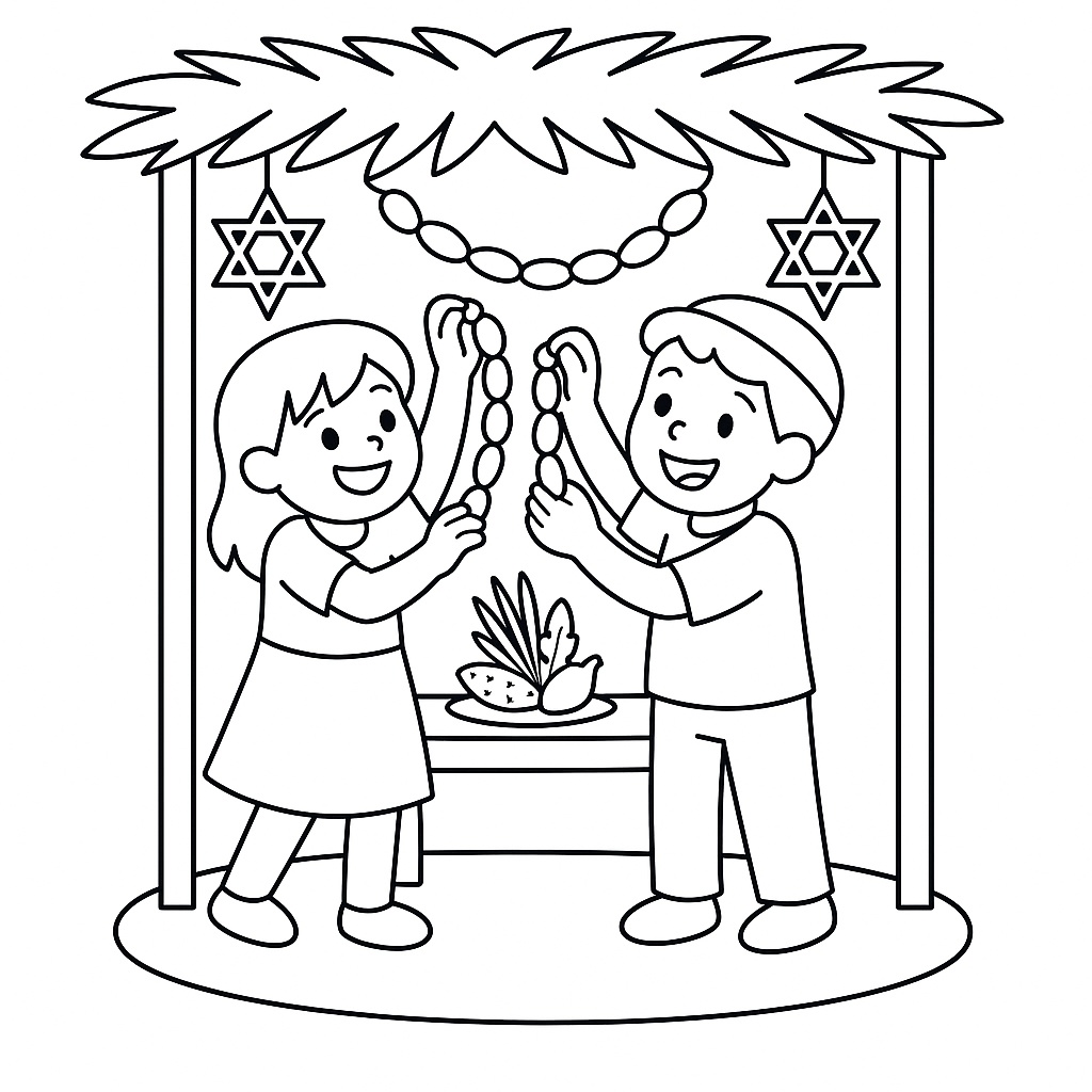 ילדים מקשטים סוכה לצביעה ילדים מקשטים סוכה לצביעה