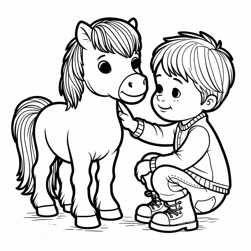 ילד מלטף סוס פוני לצביעה ילד מלטף סוס פוני לצביעה